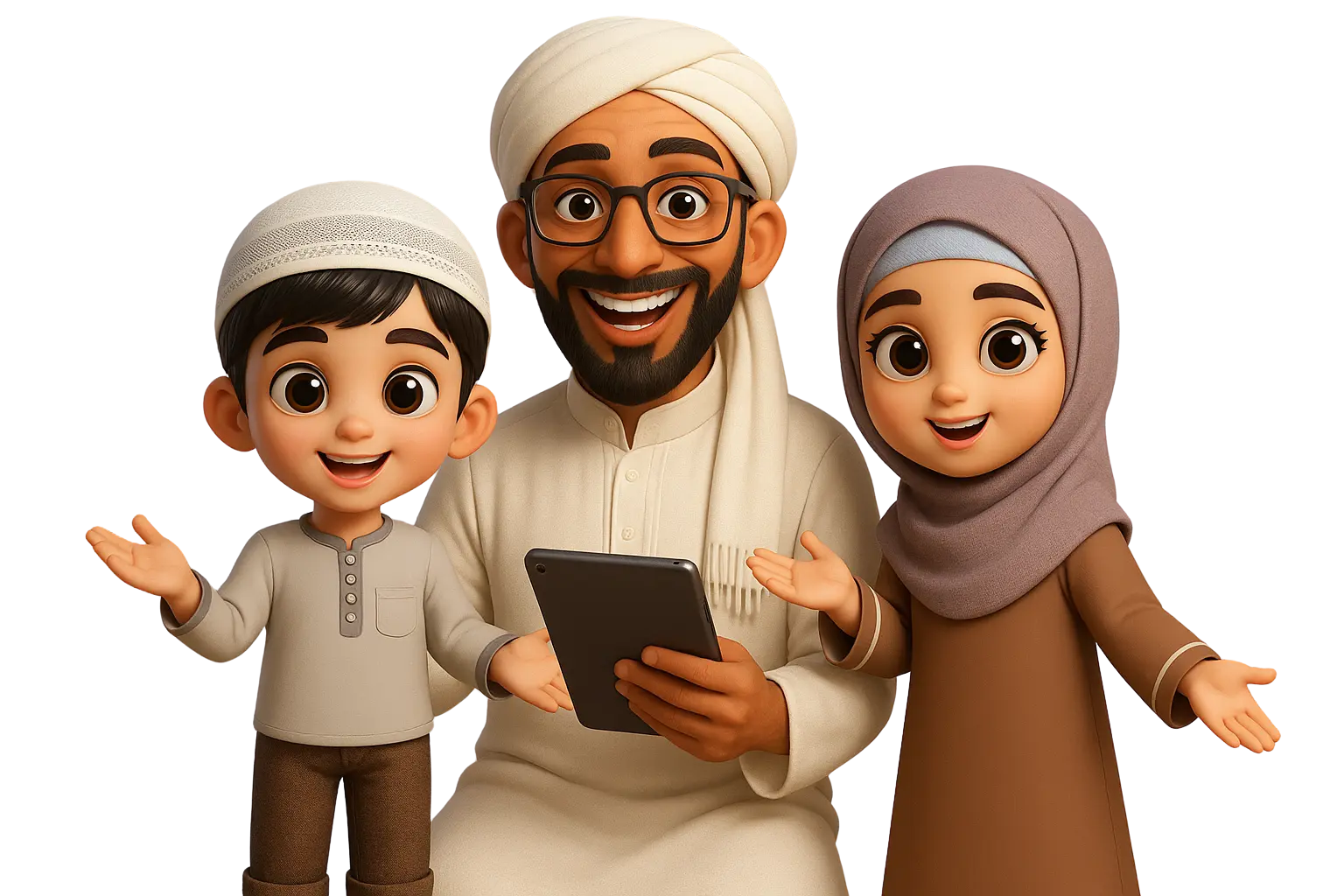 Sheikh teacher reading the Quran with two happy children